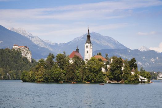 Panorama of Bled Lake - one of the most beautiful regions of Julian Alps in Slovenia