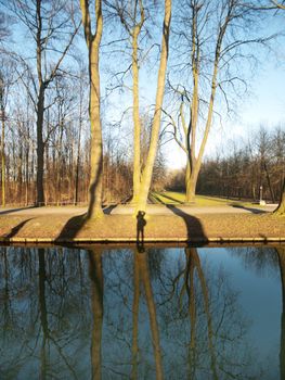 Photographer taking his shadow in a forest in winter