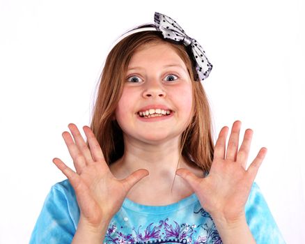Young girl with big big smile on white background