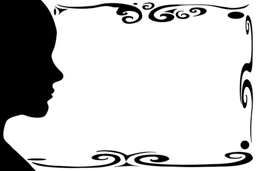 Isolated female silhouette with swirl border