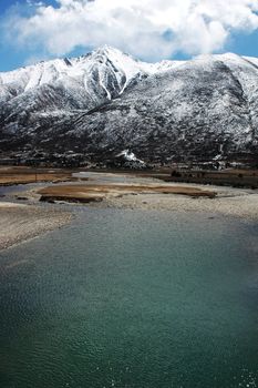 Landscape of green lake and mountains covered with snow in winter