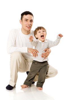 Happy Father holding son looking up isolated on white