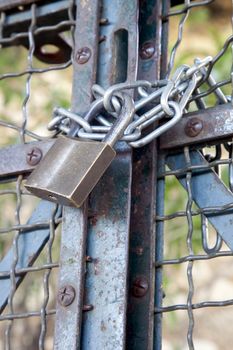 Metal padlock and chain on metal gate.