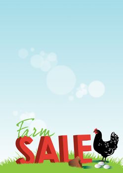 A portrait format sale poster with a farm theme. The word sale in 3d rendered text sits in green grass with a black and white chicken and freshly laid eggs.