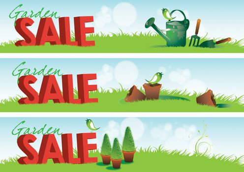 Three garden themed horizontal banners with 3d rendered type spelling the word sale set in green grass with various garden tools and broken terracotta pots.