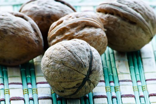 Close-up of group of walnuts. Macro.