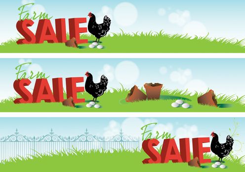 Three landscape sale banners with a farm theme. 3d rendered text sits amongst green grass with a black and white chicken with freshly laid eggs and broken terracotta pots.