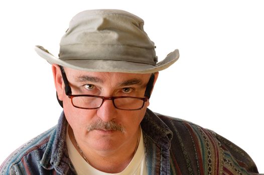 older man with spectacles on and a floppy hat isolated on white