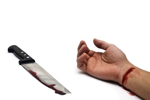 A bloody knife and a cut wrist, isolated on white. This image has innumerous uses like accidents, domestic violence, suicide, murder, etc...