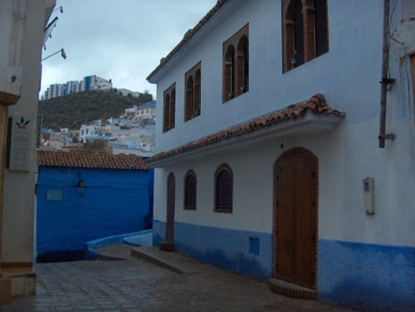 Street in Chefchouen, the blue city in the Rif Mountains of Morocco