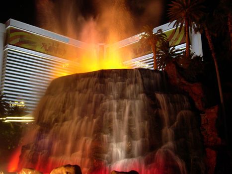 A volcao erupting outside of a Hotel in Las Vegas Nevada.