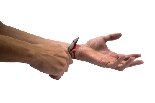 A bloody knife and a cut wrist, isolated on white. This image has innumerous uses like accidents, domestic violence, suicide, murder, hate, etc...
