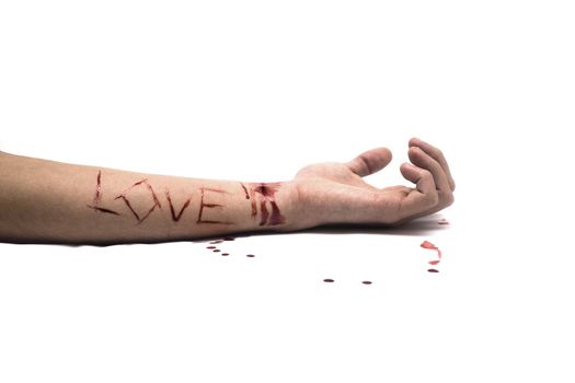 A bloody knife and a cut wrist, isolated on white and LOVE cut across the arm. This image has innumerous uses like accidents, domestic violence, suicide, murder, hate, etc...
