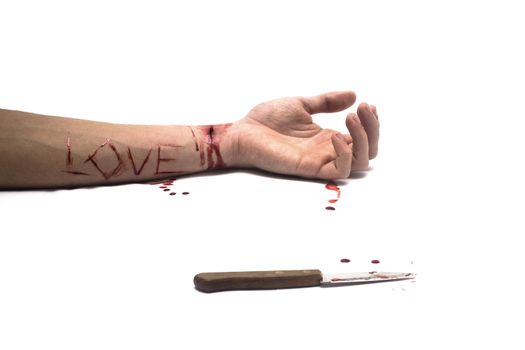 A bloody knife and a cut wrist, isolated on white and LOVE cut across the arm. This image has innumerous uses like accidents, domestic violence, suicide, murder, hate, etc...
