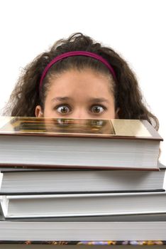 Student burried in homework (looking at the books with fear)