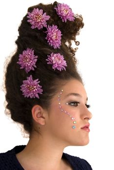 Girl with interesting hairdo with flowers on it