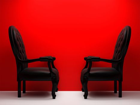 High resolution image interior. Armchair near a wall in a red room.