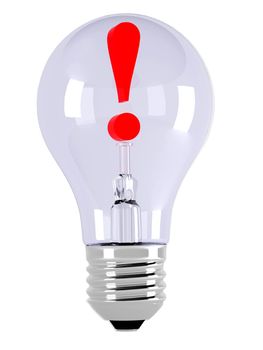 Light bulb and exclamation mark. 3d illustration over  white backgrounds.