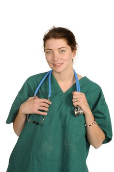 Female doctor or nurse with stethoscope around neck