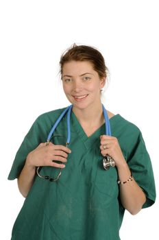 Attractive female Doctor with stethoscope around neck isolated over white