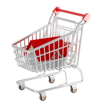 Shopping cart. 3d illustration over  white backgrounds. Model house.