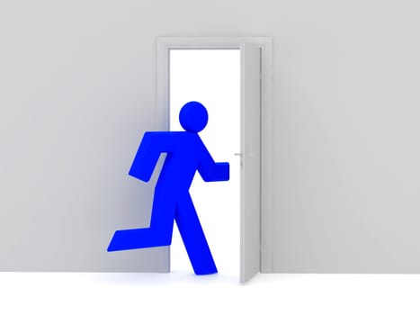 Man 3d rendered illustration isolated on white background and door. High resolution image.