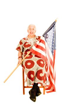 elderly patriot sitting with flag draped across her for a labor day or 4th of July celebration, isoalted on white
