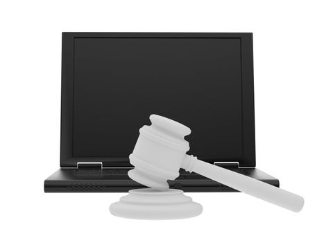 The hammer of the judge strikes on the laptop.