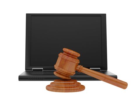 The hammer of the judge strikes on the laptop.