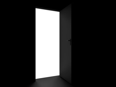 3d rendering. Opened door. High resolution image. Black room.