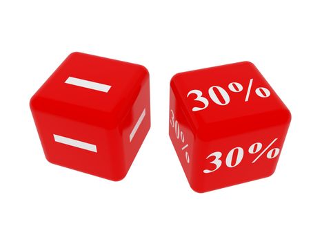 Symbols of percent on red cubes over  white background.