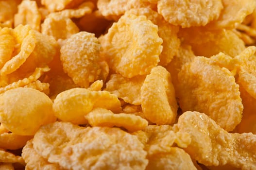 Goldish corn flakes. Macro with extremely shallow dof. Close-up of cornflakes.