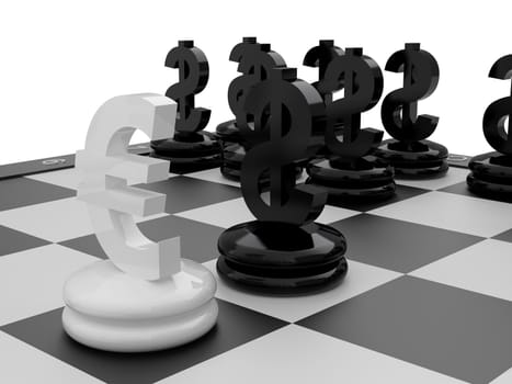 Chessboard with Euro and Dollar currency symbols. High resolution image.