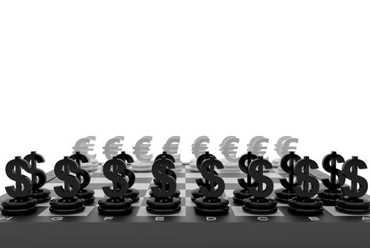 Chessboard with Euro and Dollar currency symbols. High resolution image.