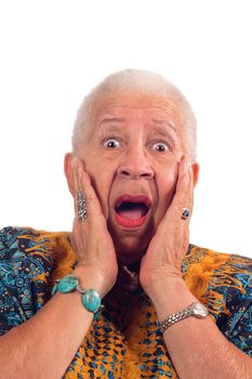 Elderly African American woman with a look of surprise isolated on white