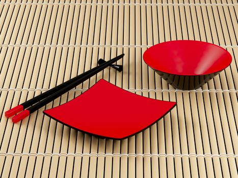Two chopsticks and a plate. High resolution image. 3d render.
