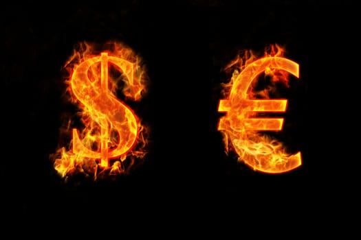 The sign on dollar and euro burns on fire.