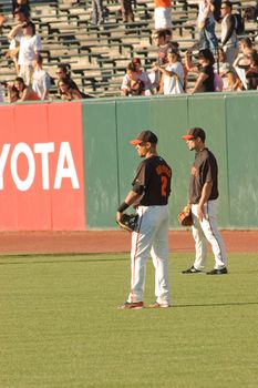 SAN FRANCISCO, CA - SEPTEMBER 28: Emmanuel Burris of the San Francisco Giants warming up for a penant game against the Arizona Diamondbacks, September 28, 2010