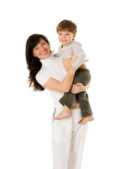 Happy mother holding two years son isolated on white