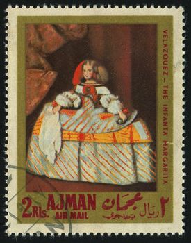 AJMAN - CIRCA 1972: Velazquez. Portrait of the Infanta Maria Theresa of Spain, circa 1972.