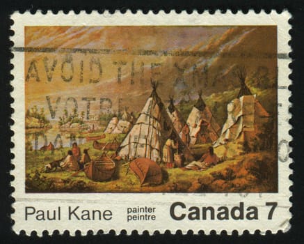 CANADA - CIRCA 1971: Indian Encampment on Lake Huron by Kane, circa 1971.
