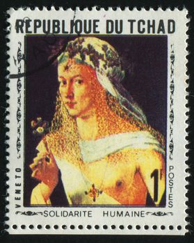 CANADA - CIRCA 1969: Woman with Flowers, by Veneto, circa 1969.