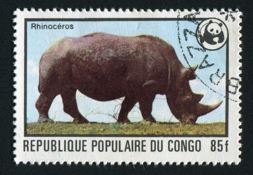 CONGO - CIRCA 1978: Endangered animals and Wildlife Fund Emblem. Rhinoceros, circa 1978.