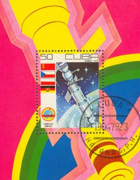 The first Cuban cosmonaut. The scanned stamp. Planet the Earth.