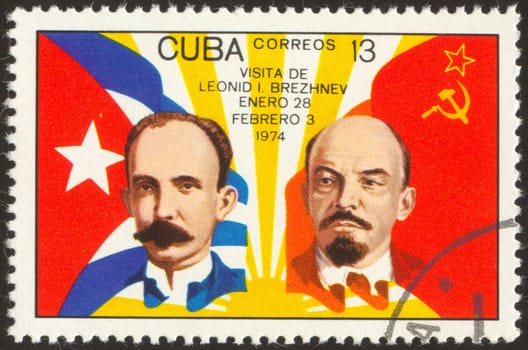 The scanned stamp. The Cuban stamp. Two men against flags.