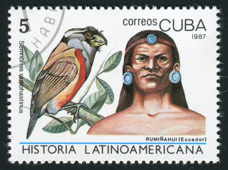 CUBA - CIRCA 1987: Latin American History, Indians and birds, circa 1987.