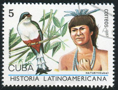 CUBA - CIRCA 1987: Latin American History, Indians and birds, circa 1987.