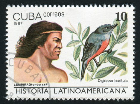 CUBA - CIRCA 1987: Latin American History, Indians and birds, circa 1987.