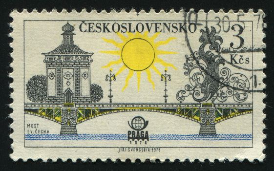 CZECHOSLOVAKIA - CIRCA 1978: Prague bridges and Praga 78 emblem: Svatopluk cech bridge, circa 1978.
