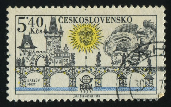 CZECHOSLOVAKIA - CIRCA 1978: Prague bridges and Praga 78 emblem: Charles Bridge, circa 1978.